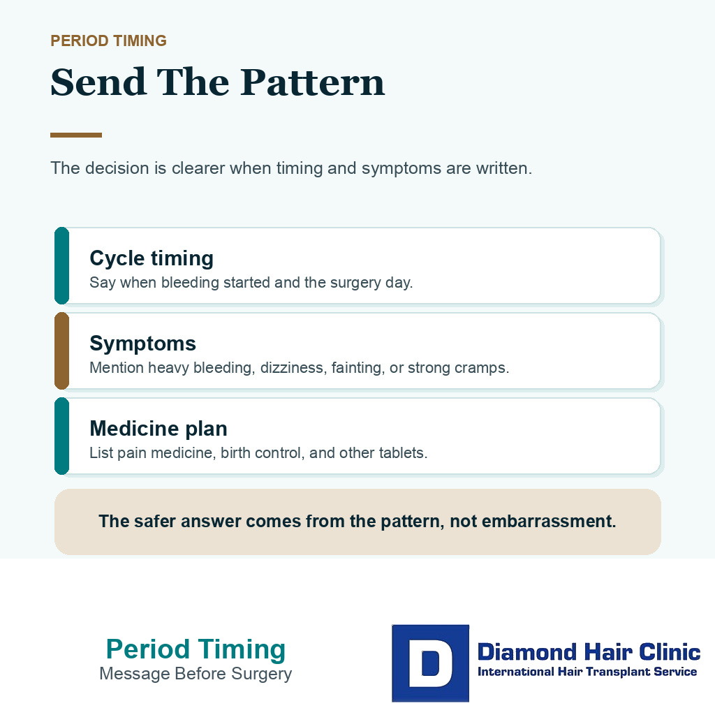 Diamond Hair Clinic support card showing period timing details to send before hair transplant surgery