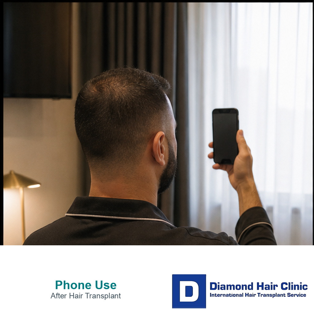 Patient with no visible identity holding a phone upright during hair transplant recovery