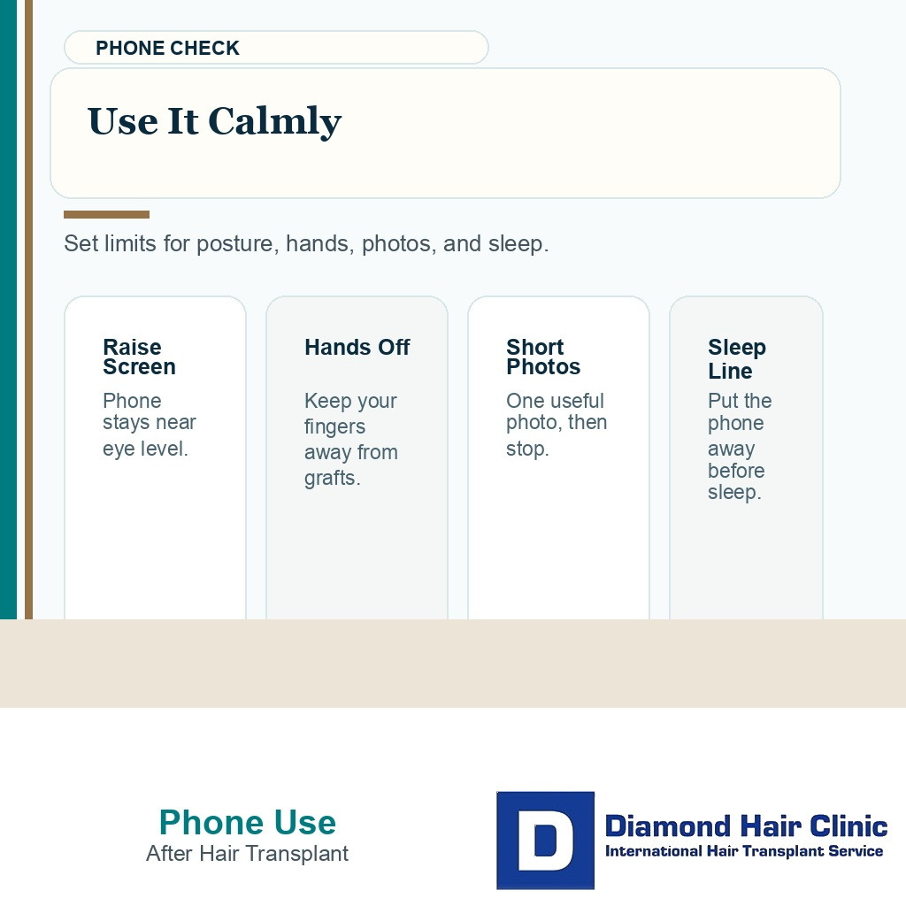 Support visual showing phone height, hands off grafts, short photo checks, and sleep boundary after hair transplant