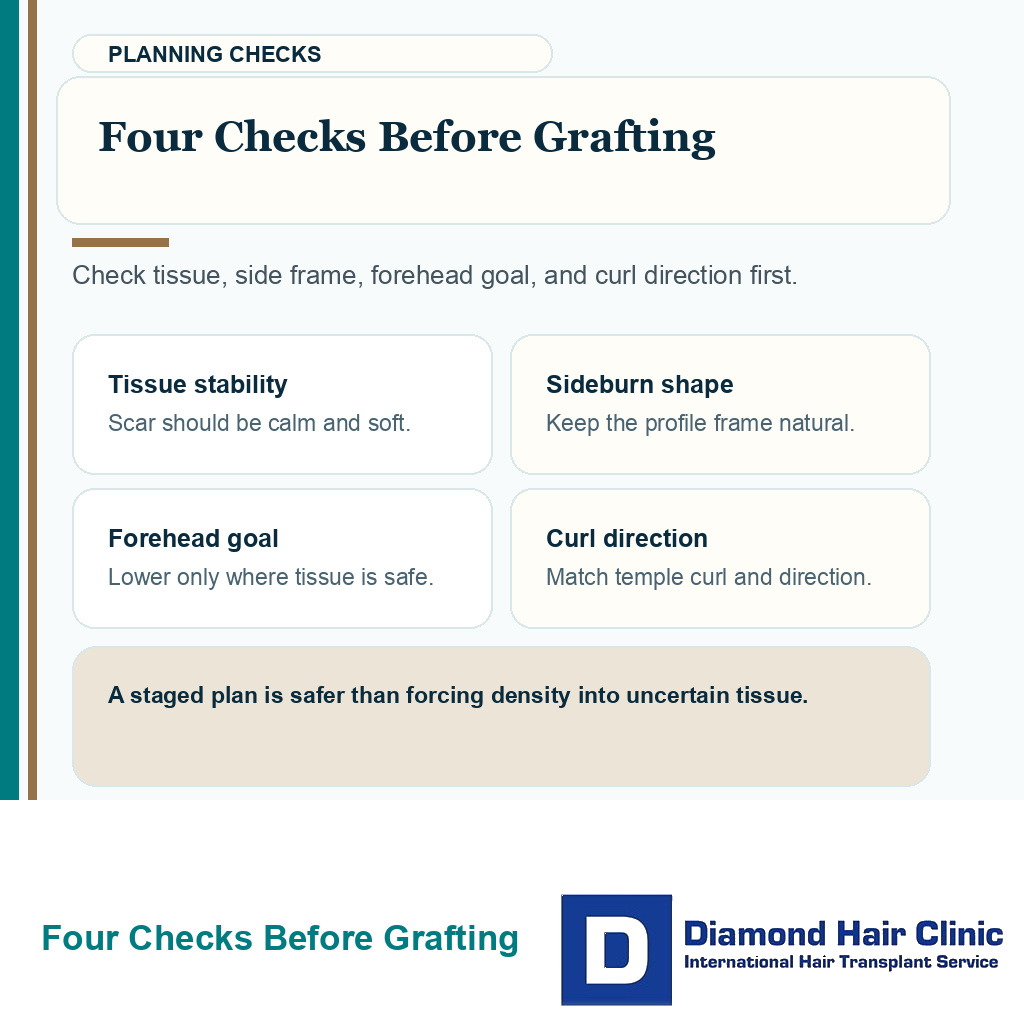 Support visual showing four planning checks before a female hair transplant after facelift surgery.