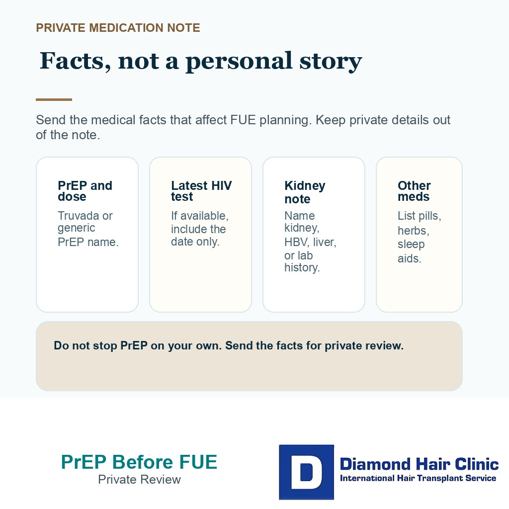 Private PrEP medication note before FUE showing what to send confidentially