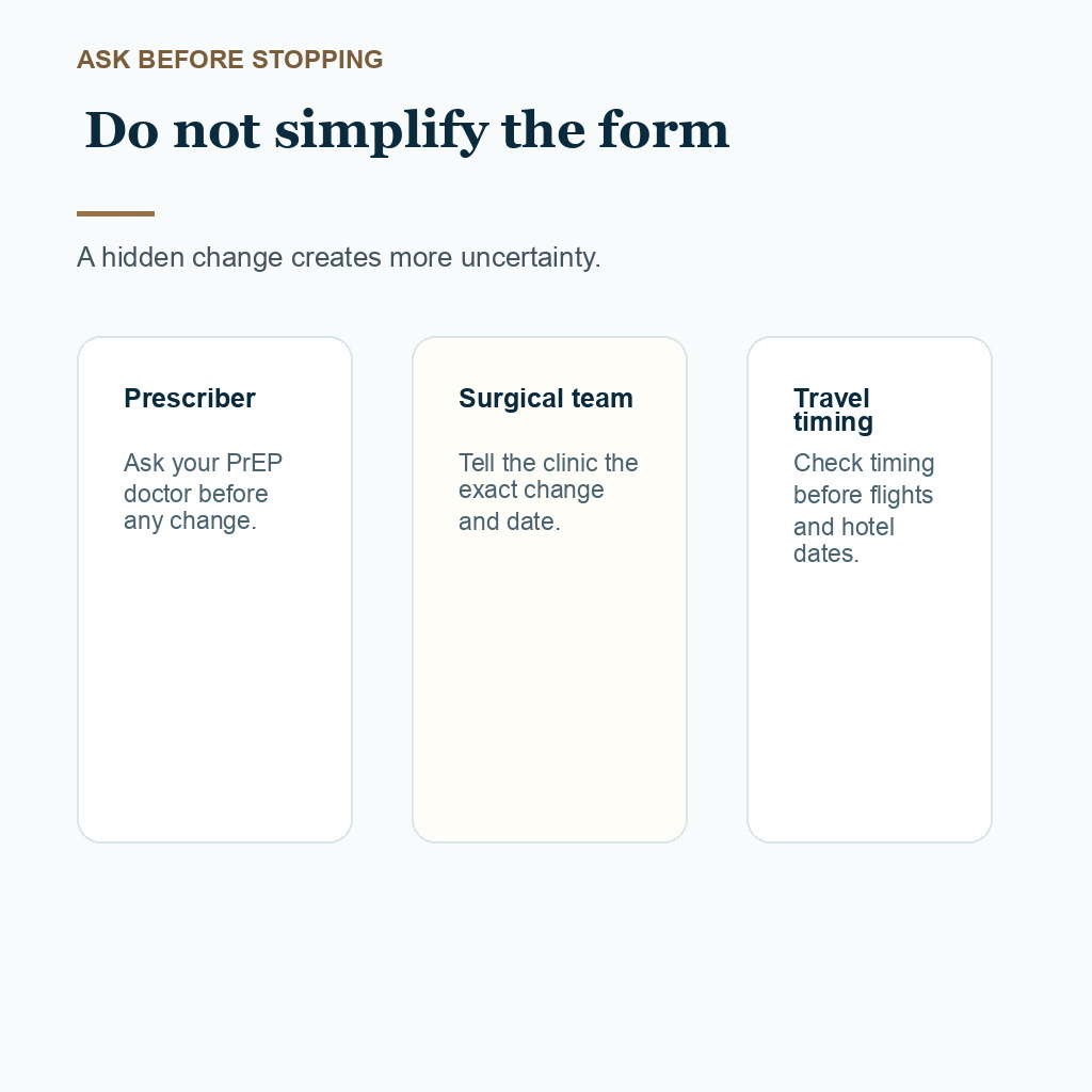 Carousel slide about asking before stopping PrEP before FUE