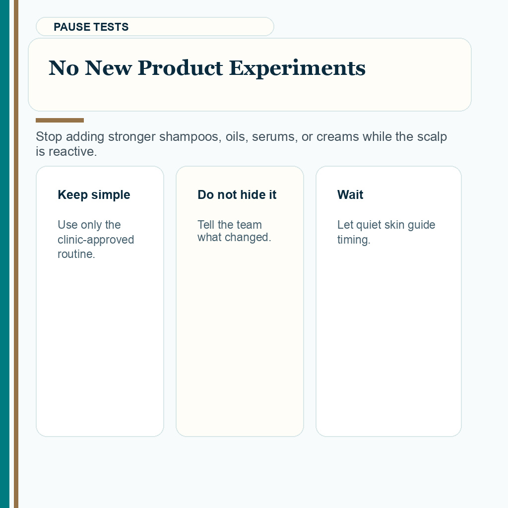 Carousel slide advising no new product experiments before FUE when scalp is reactive