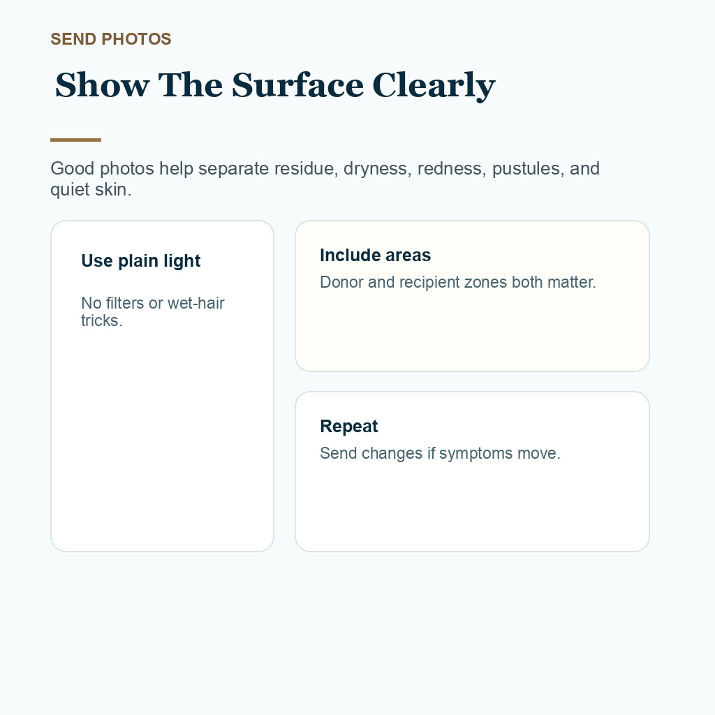 Carousel slide explaining clear scalp photos before FUE product irritation review
