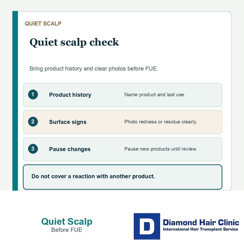 Quiet scalp readiness ladder with product name surface signal and photo evidence before FUE