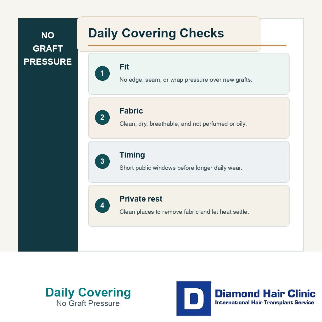Fit fabric timing and private rest checks for required head covering after FUE