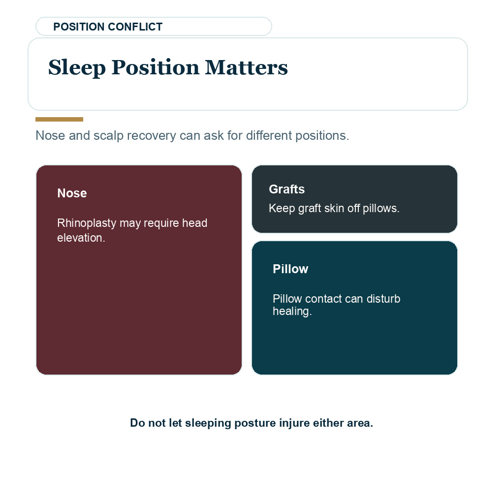 Rhinoplasty hair transplant timing carousel image about sleep position conflicts after rhinoplasty and FUE