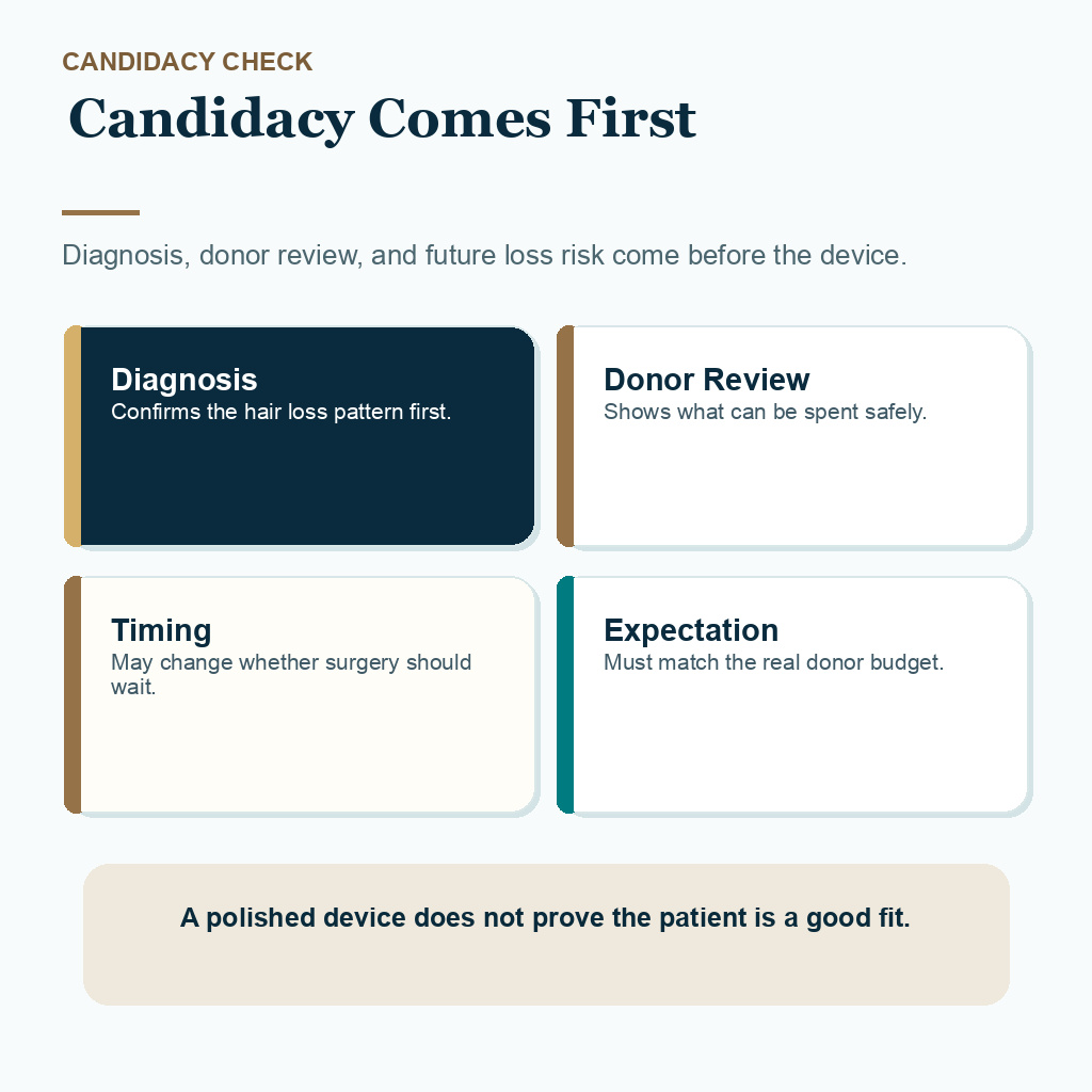 ARTAS review image explaining that candidacy and donor review come before the device