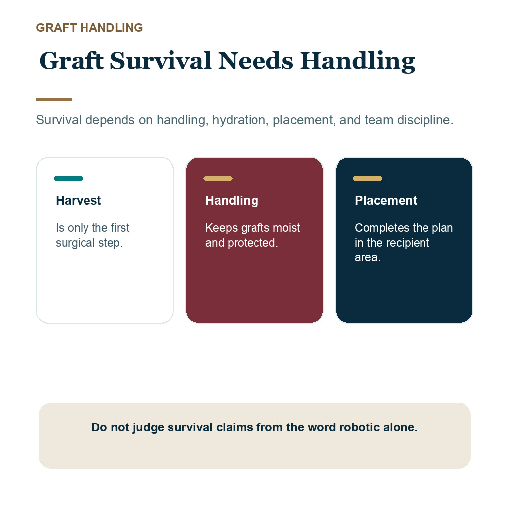 ARTAS review image showing graft survival depends on handling, hydration, and placement