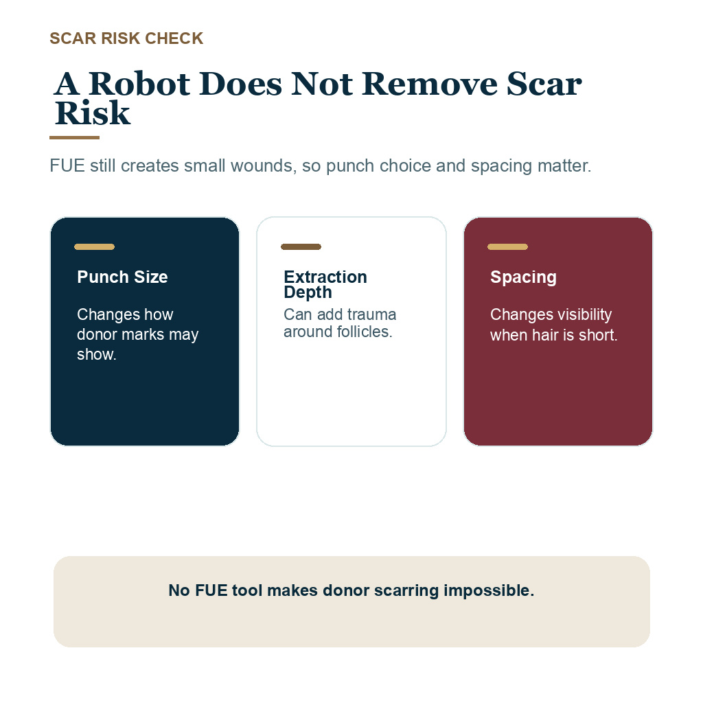 ARTAS review image explaining that robotic FUE still needs careful punch choice and spacing