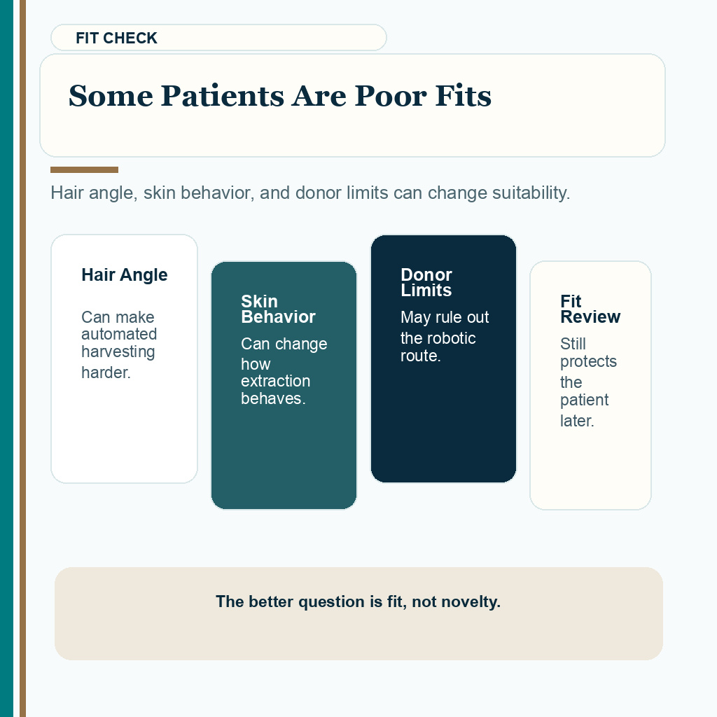 ARTAS review image showing that hair angle, skin behavior, and donor limits can make some patients poor fits