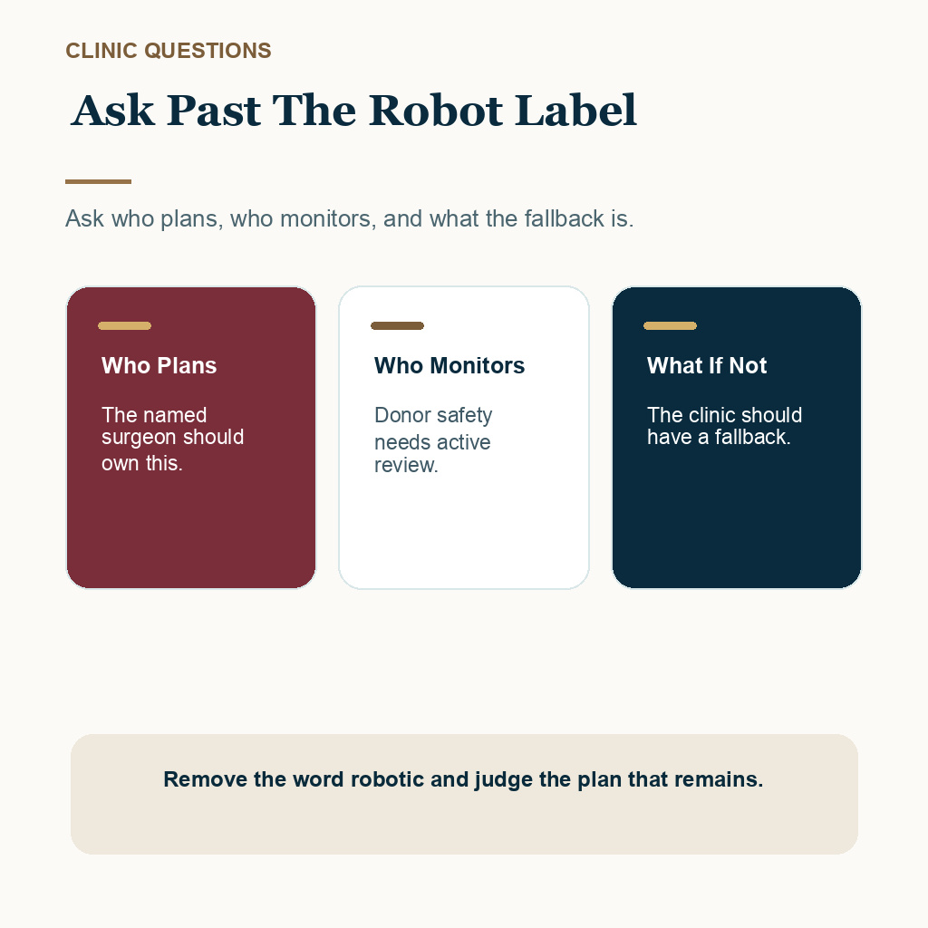 ARTAS review image prompting patients to ask who plans, who monitors, and what happens if the robotic plan changes