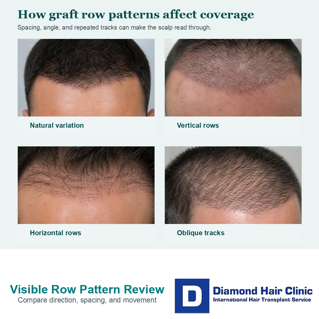 Recipient scalp photo examples comparing natural variation, vertical rows, horizontal rows, and oblique graft patterns after FUE.