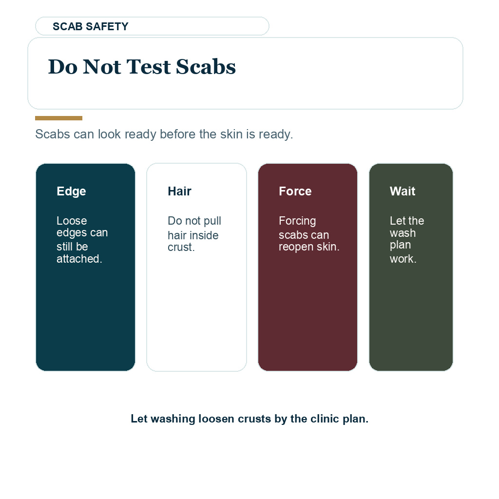 Scab picking after FUE recovery visual explaining do not test scabs