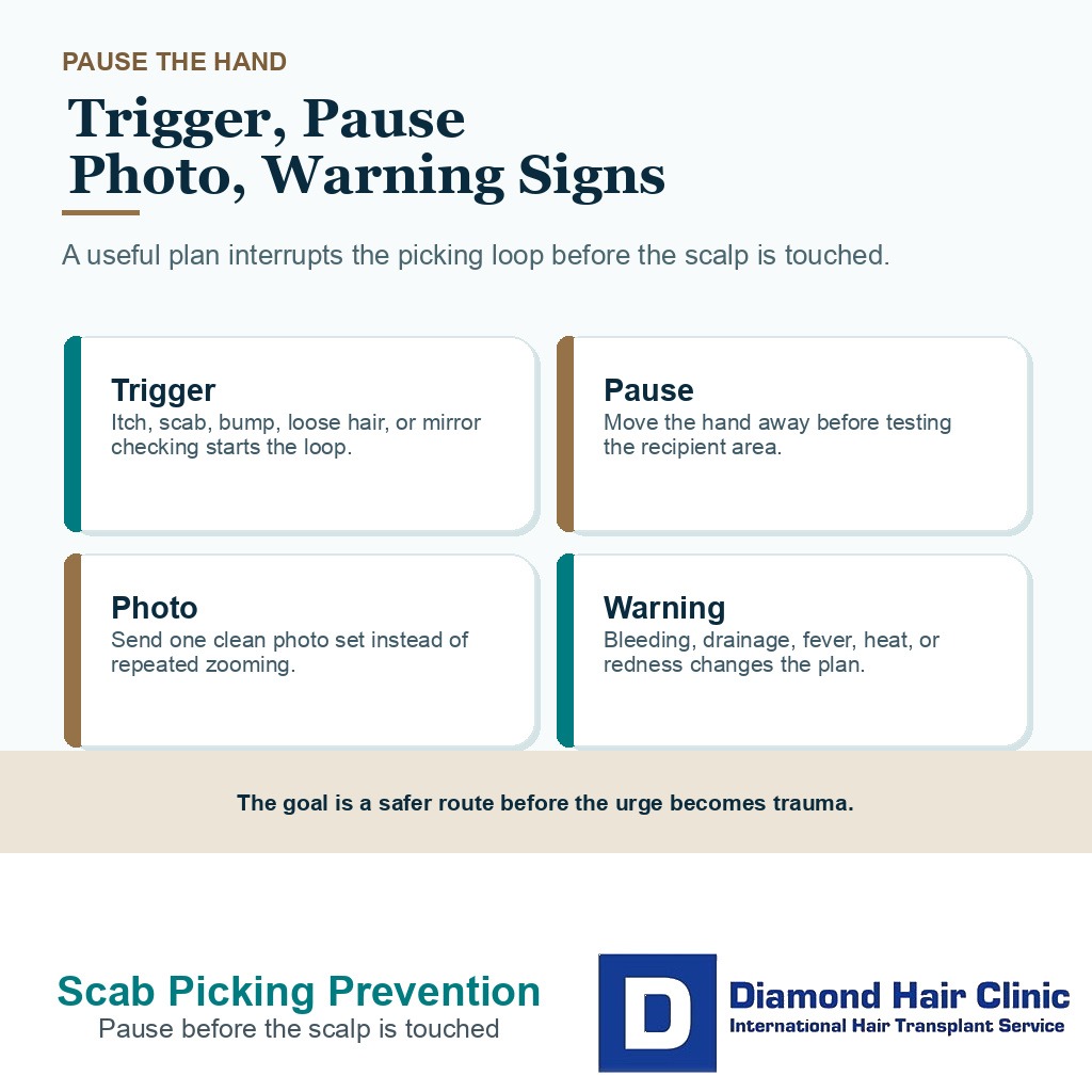 FUE scab picking prevention visual showing trigger pause photo and warning signs