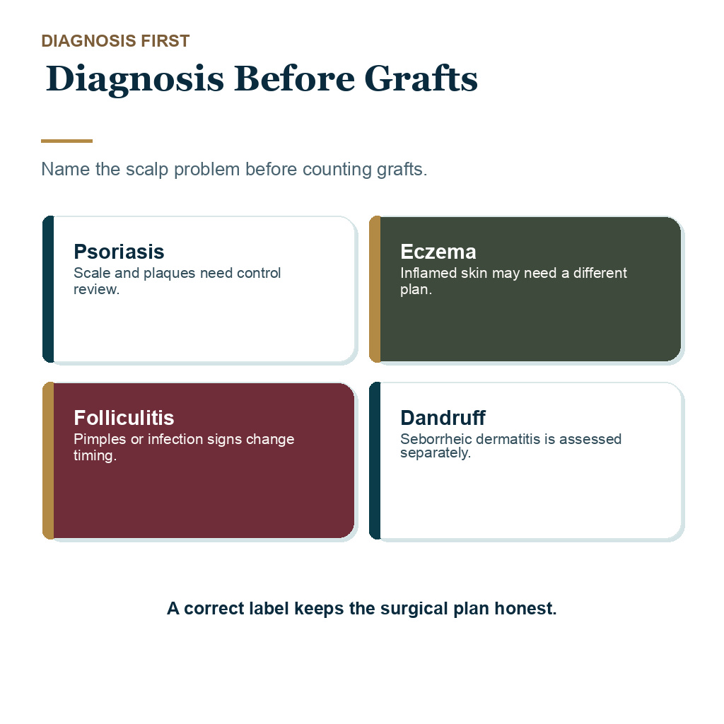 A clear diagnosis should come before graft numbers in scalp psoriasis planning.