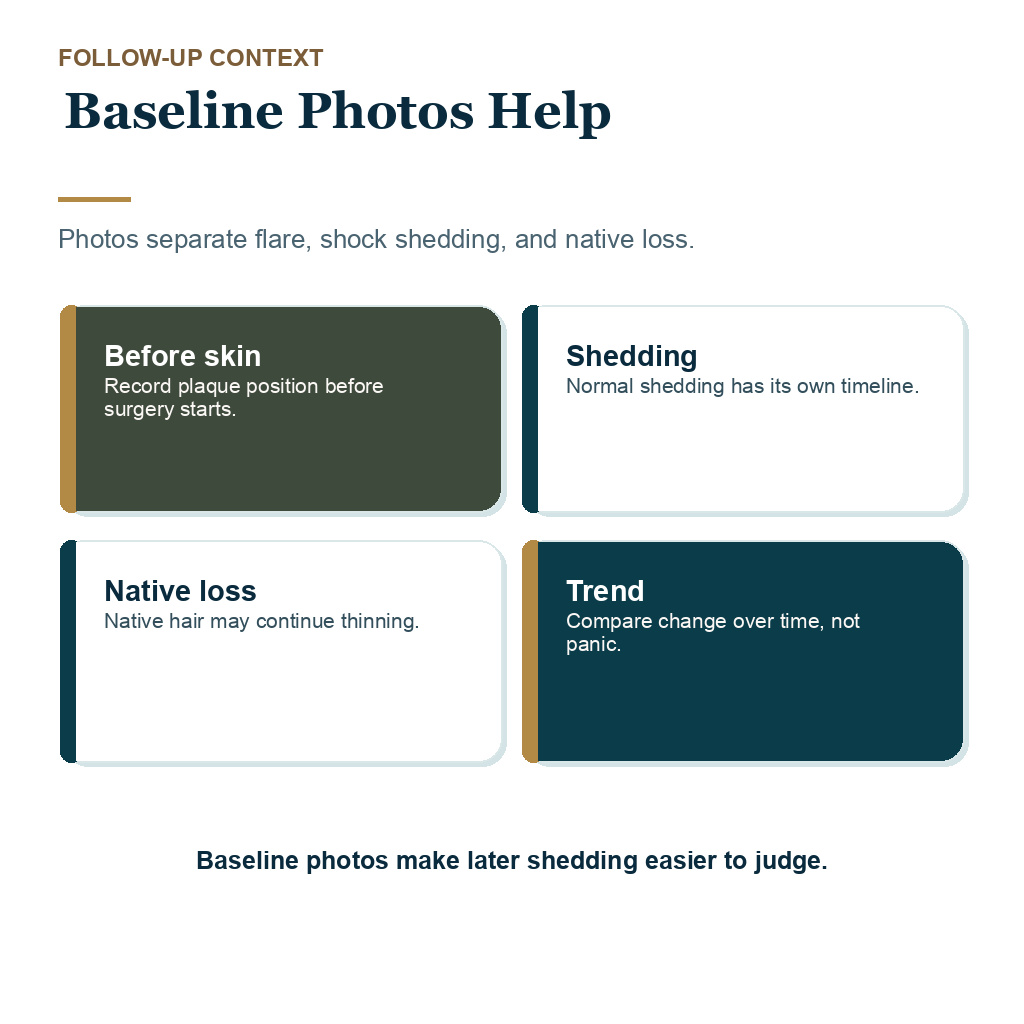 Baseline scalp photos help separate psoriasis changes from hair transplant healing.