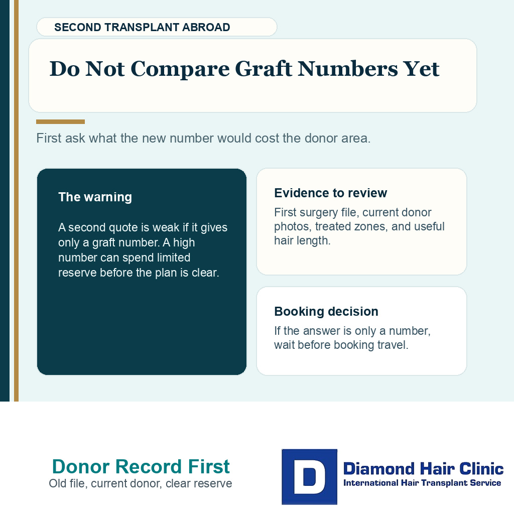 Support card explaining why a second hair transplant quote should not be judged by graft number alone before donor records and current donor photos are reviewed.