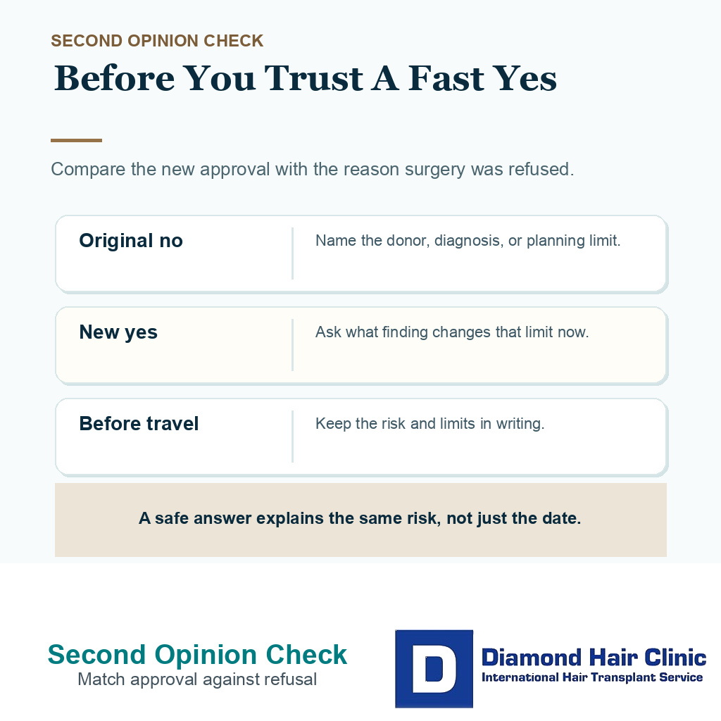 Support card comparing a new hair transplant approval with the reason earlier surgery was refused.