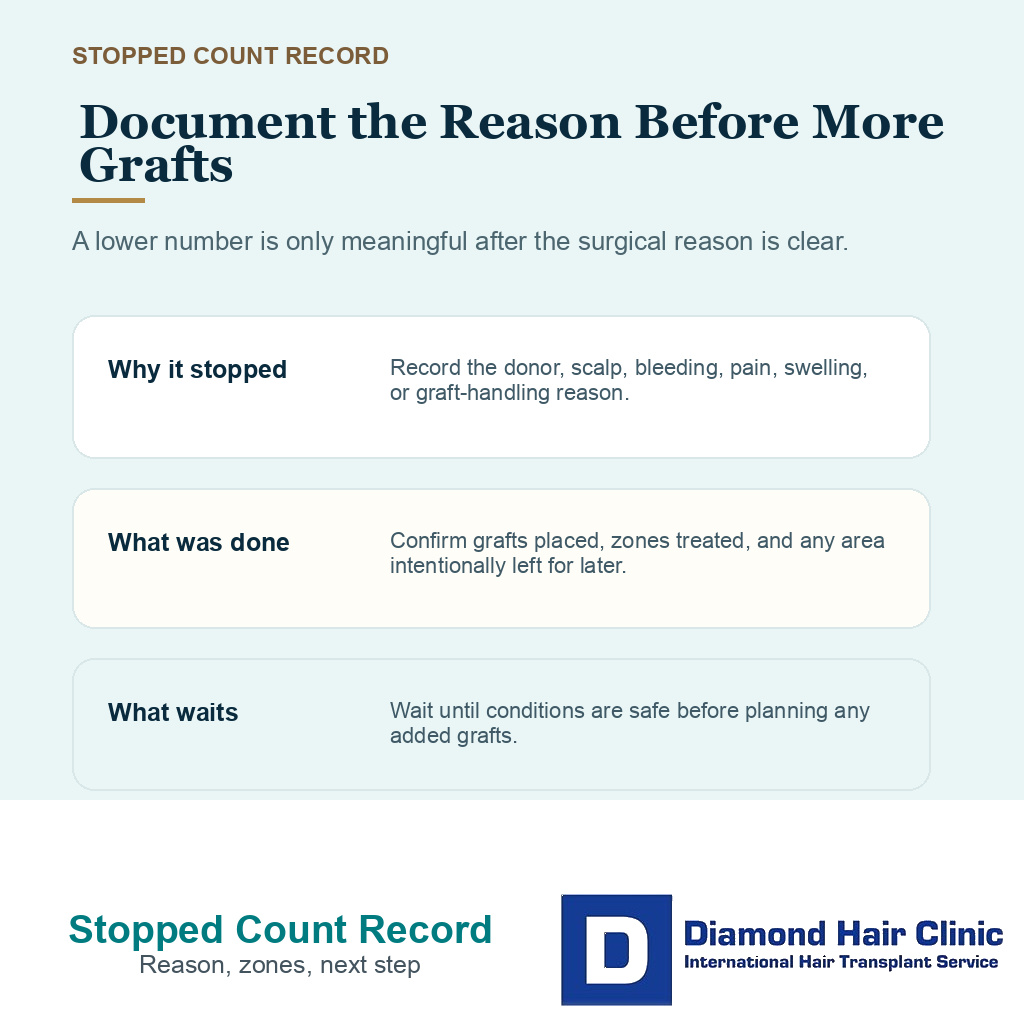 Documentation record for why a planned graft count changed, which zones were treated, and what happens next