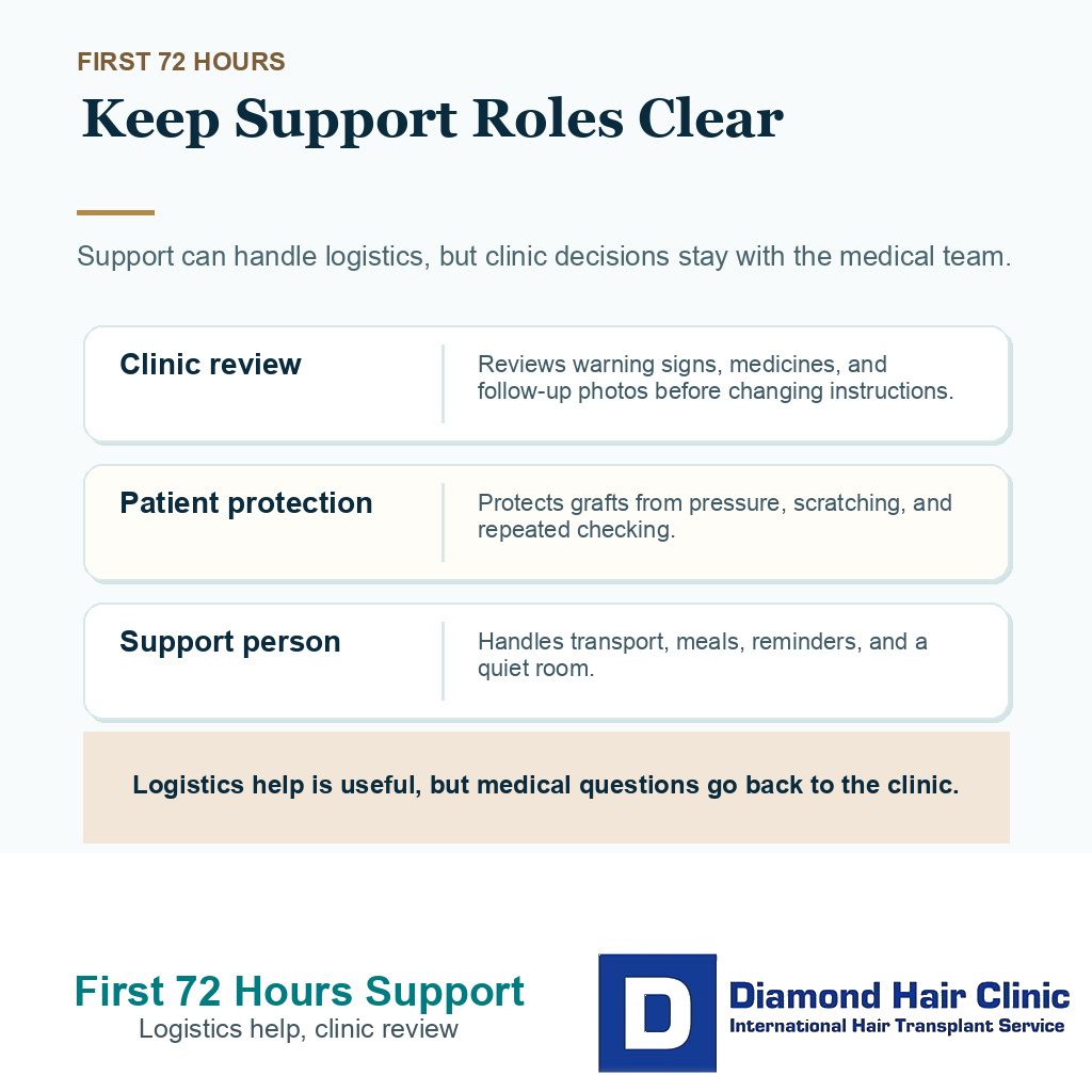 Support card showing clinic, patient, and support roles after hair transplant surgery.