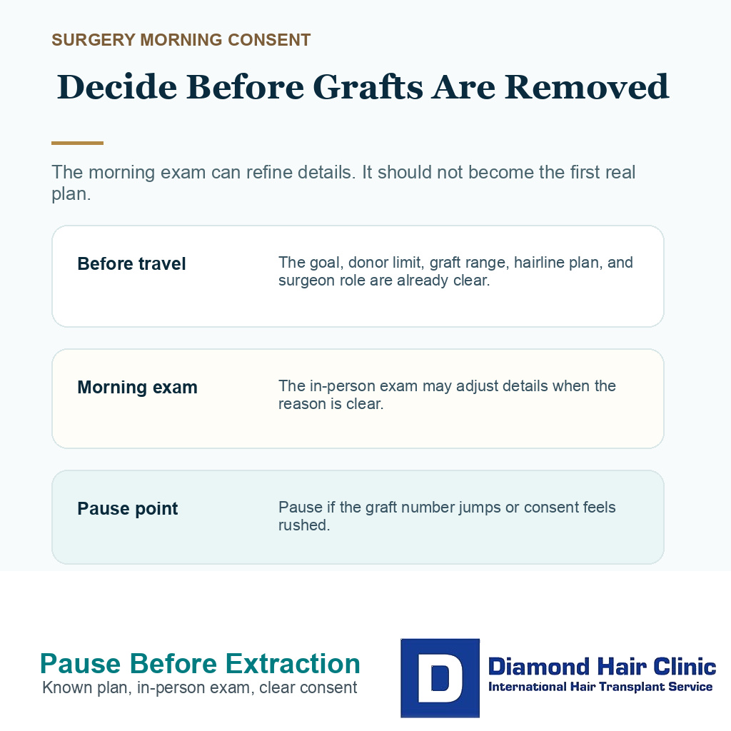 Support card showing when to confirm or pause a hair transplant plan on surgery morning.