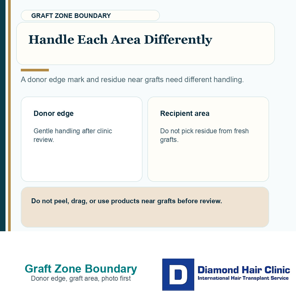 Support card showing why donor edge marks and residue near fresh grafts need different handling after FUE.