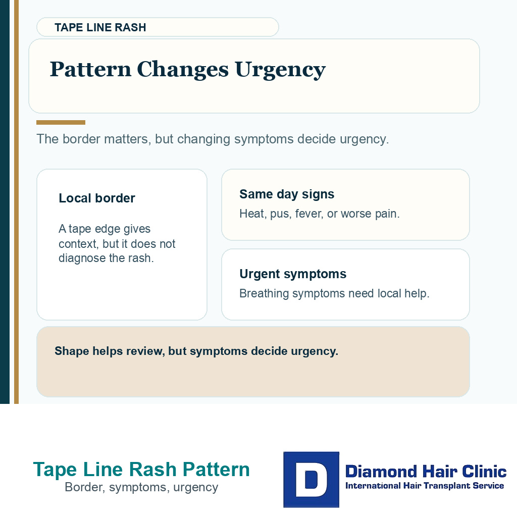 Support card showing why a tape line rash shape helps review while symptoms decide urgency after FUE.