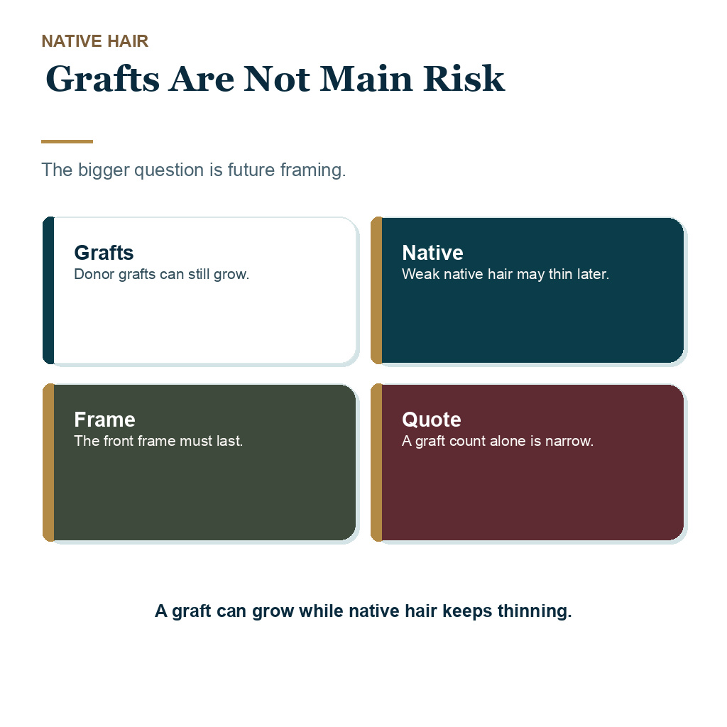 Testosterone therapy hair transplant planning card explaining that native hair change matters more than graft survival