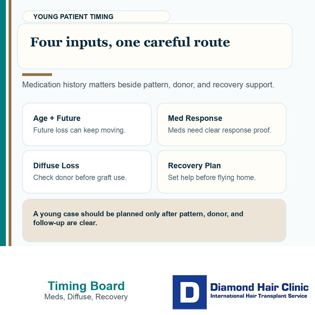 Timing board for medication response diffuse thinning donor reserve and recovery support