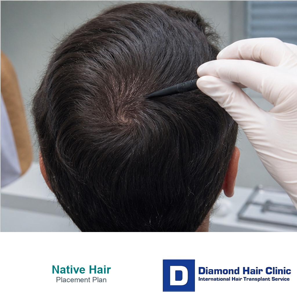 Gloved planning tool parting existing hair before graft placement