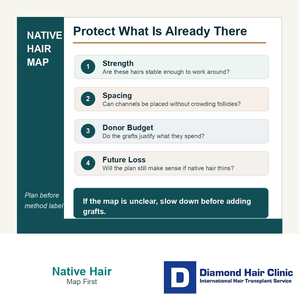 Native hair map showing strength spacing donor budget and future loss checks