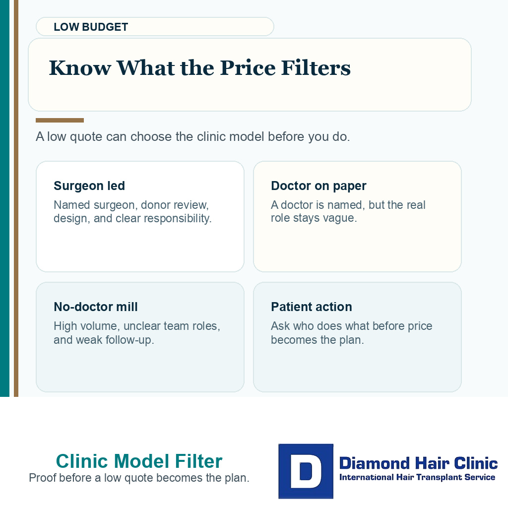 Support card showing how a low Turkey hair transplant budget can filter patients toward different clinic models.