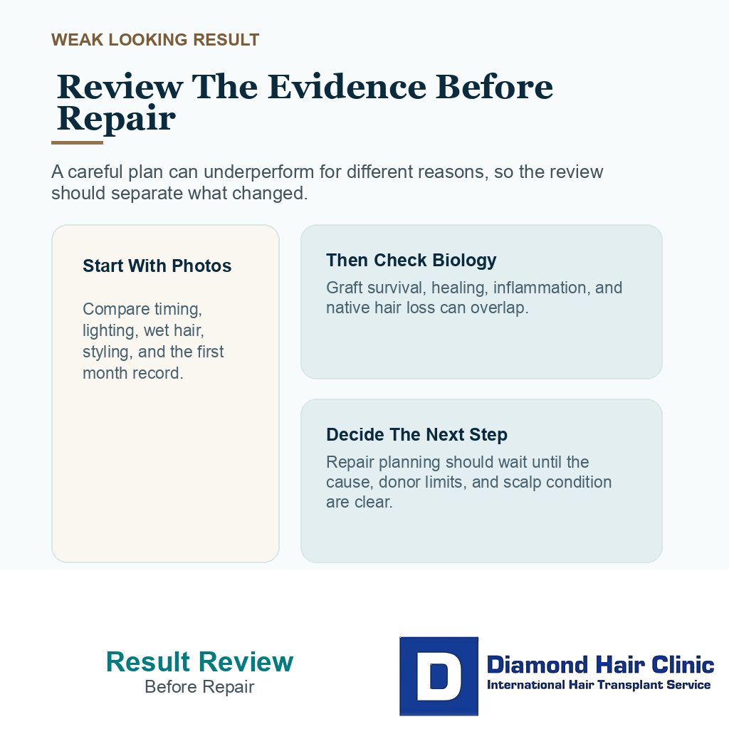 Support card showing evidence review steps before repair planning after a weak looking transplant result