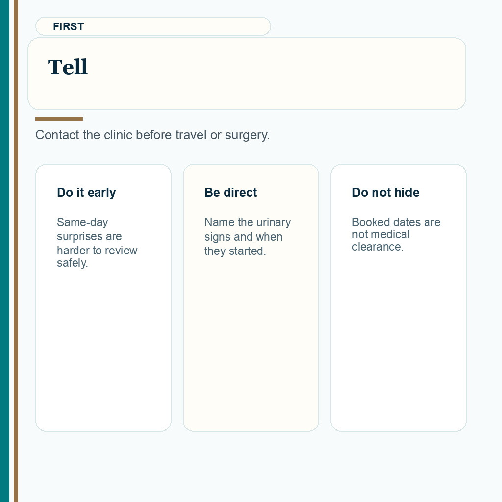 Carousel slide telling patients to contact the clinic when urinary symptoms appear before FUE