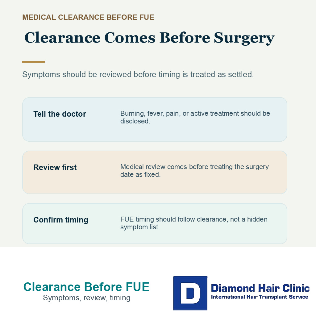 Support card showing symptoms, treatment, and timing details to send before FUE