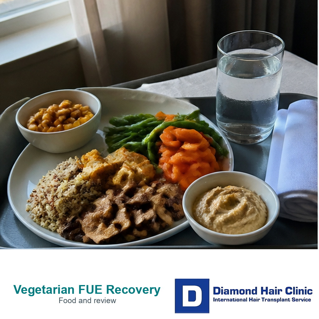 Plant protein meal tray with clean recovery towel for vegetarian FUE recovery planning