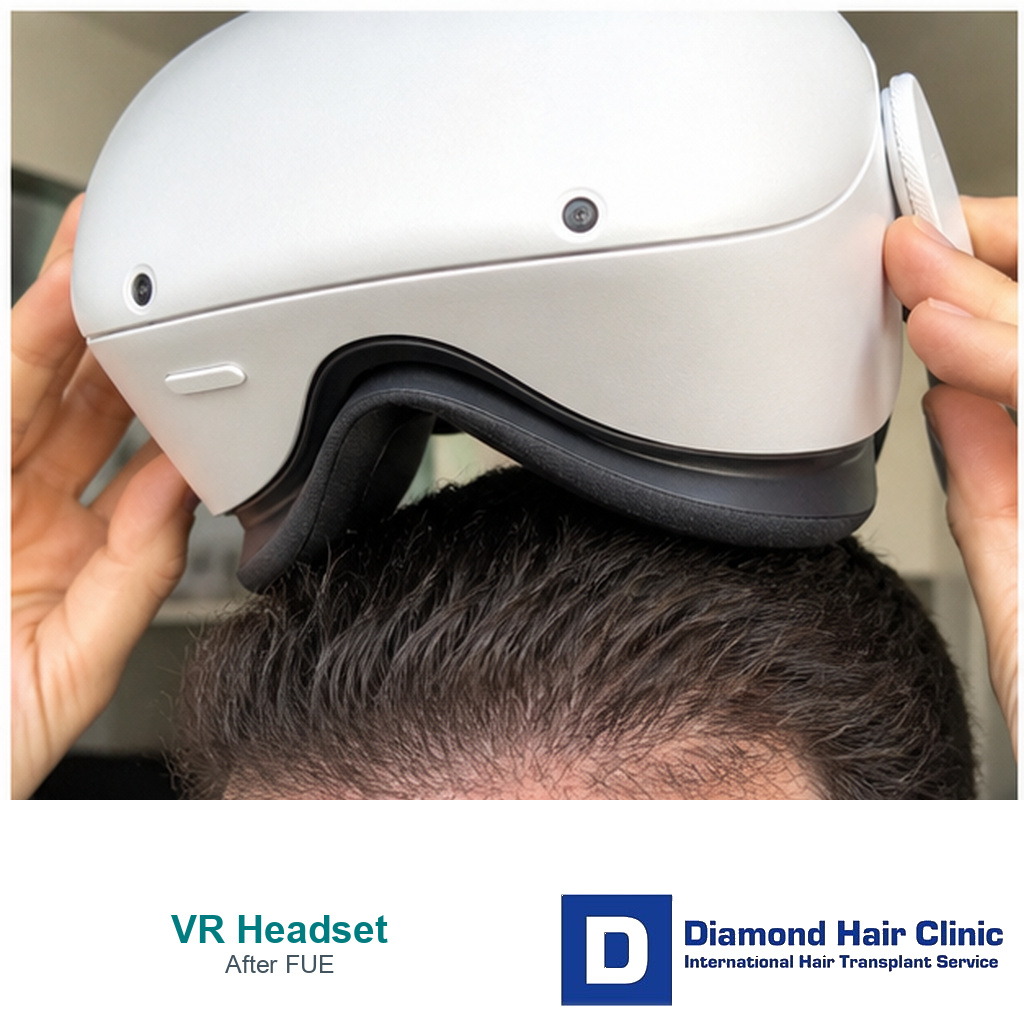 VR headset held near the forehead during FUE hair transplant recovery