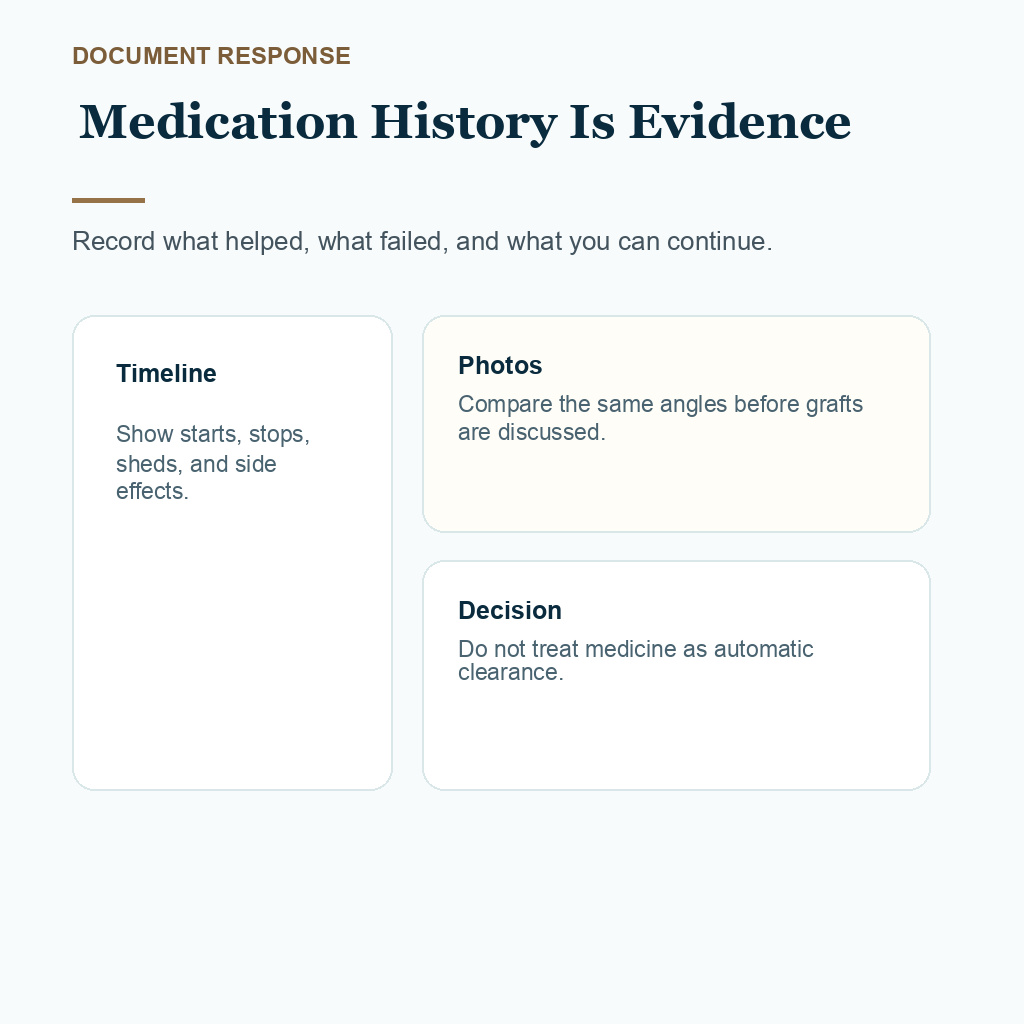 Carousel slide about documenting medication response before young hair transplant planning