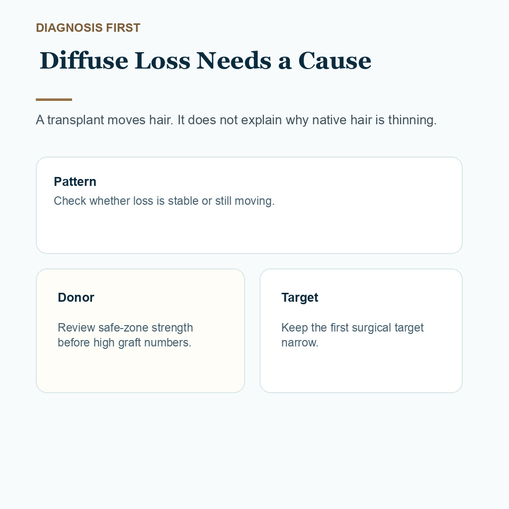 Carousel slide about diffuse thinning diagnosis before FUE timing