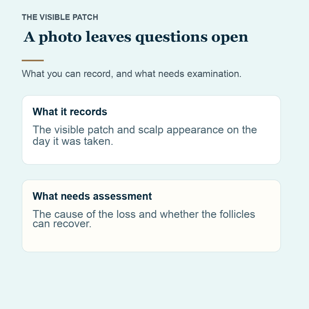 A photograph records appearance while examination assesses scalp findings
