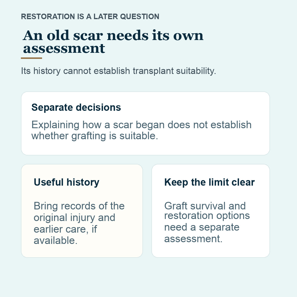 An old scalp scar needs a separate assessment before hair restoration