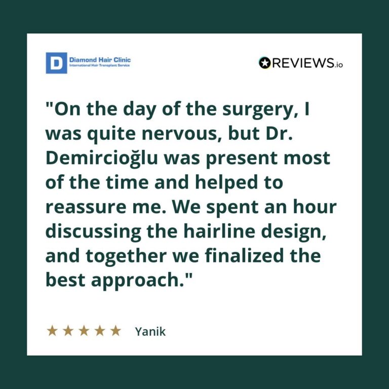 Patient review: On the day of the surgery, I was quite nervous, but Dr. Demircioğlu was present most of the time and helped to reassure me. We spent an hour discussing the hairline design, and together we finalized the best approach.