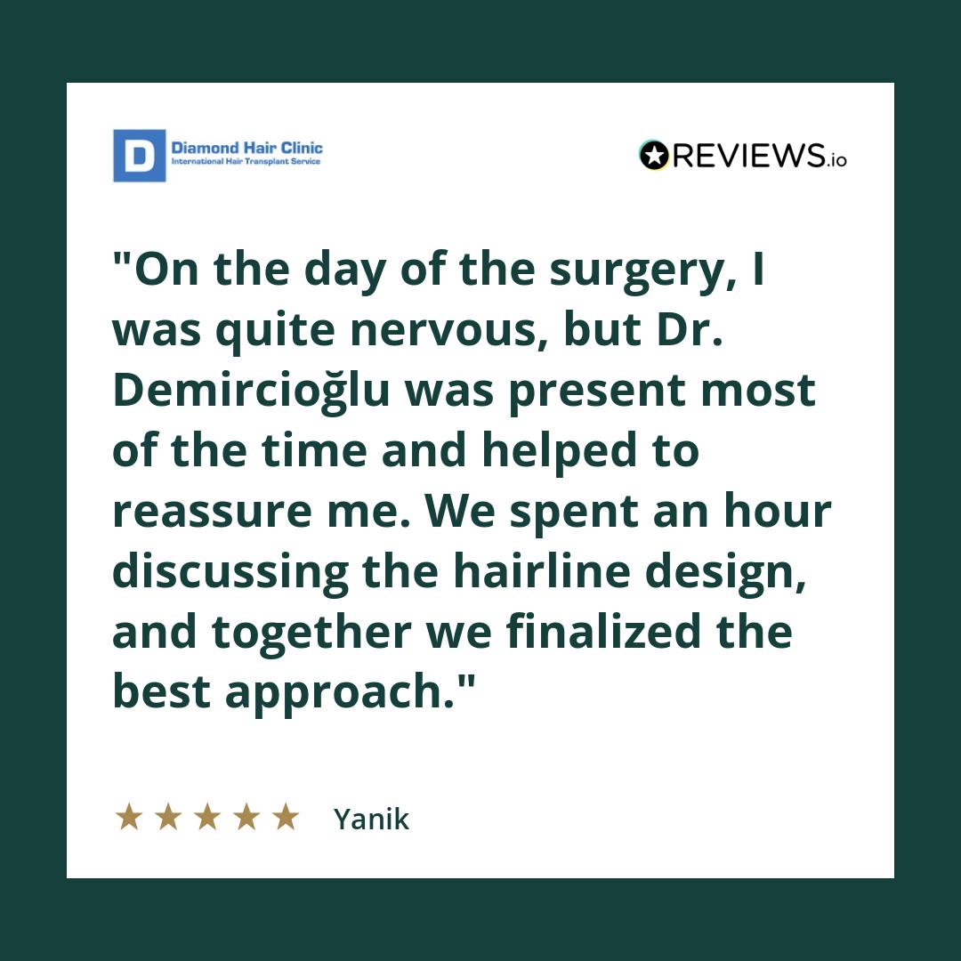On the day of the surgery, I was quite nervous, but Dr. Demircioğlu was present most of the time and helped to reassure me. We spent an hour discussing the hairline design, and together we finalized the best approach.