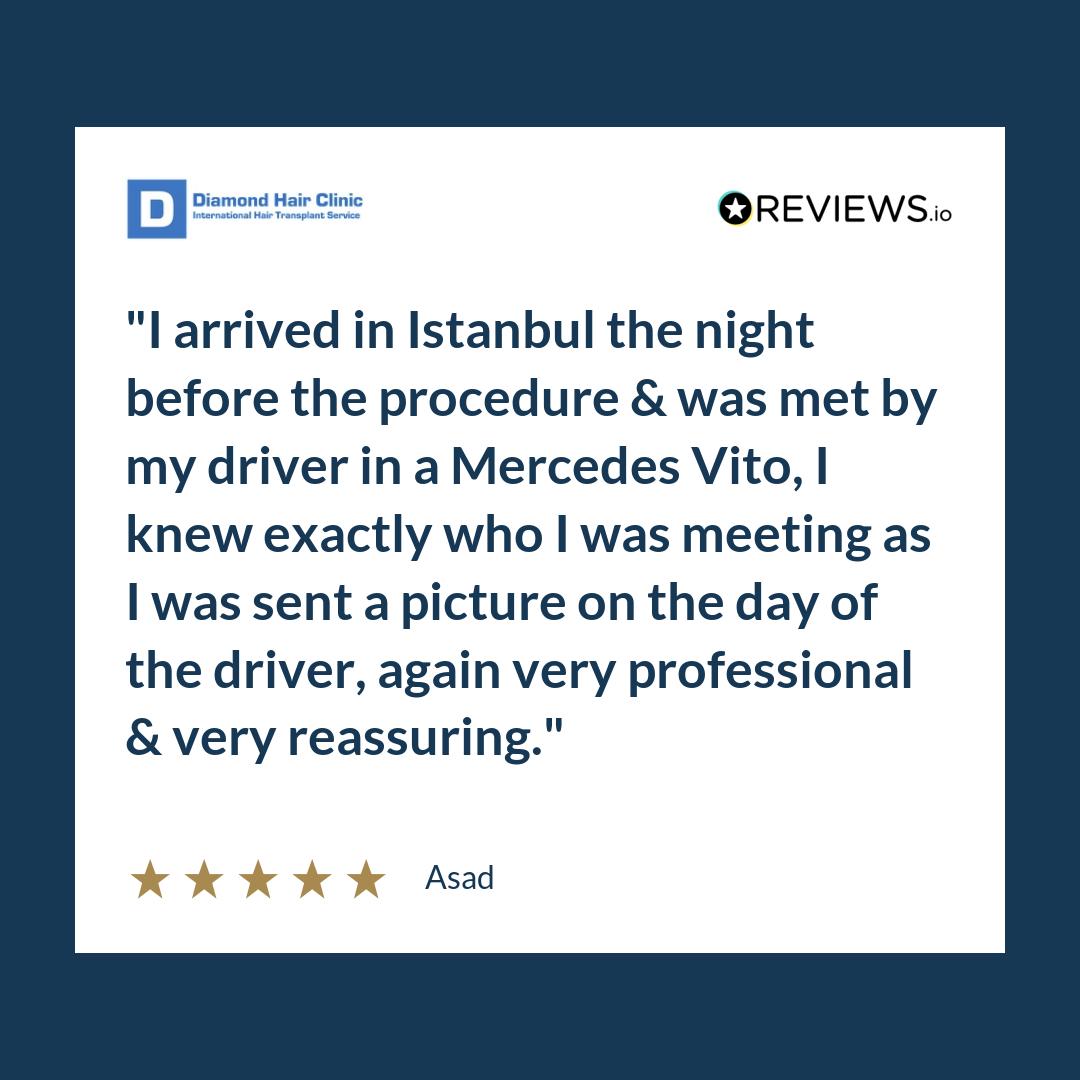I arrived in Istanbul the night before the procedure & was met by my driver in a Mercedes Vito, I knew exactly who I was meeting as I was sent a picture on the day of the driver, again very professional & very reassuring.