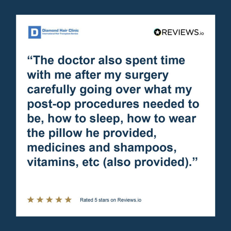 Patient review: The doctor also spent time with me after my surgery carefully going over what my post-op procedures needed to be, how to sleep, how to wear the pillow he provided, medicines and shampoos, vitamins, etc (also provided).