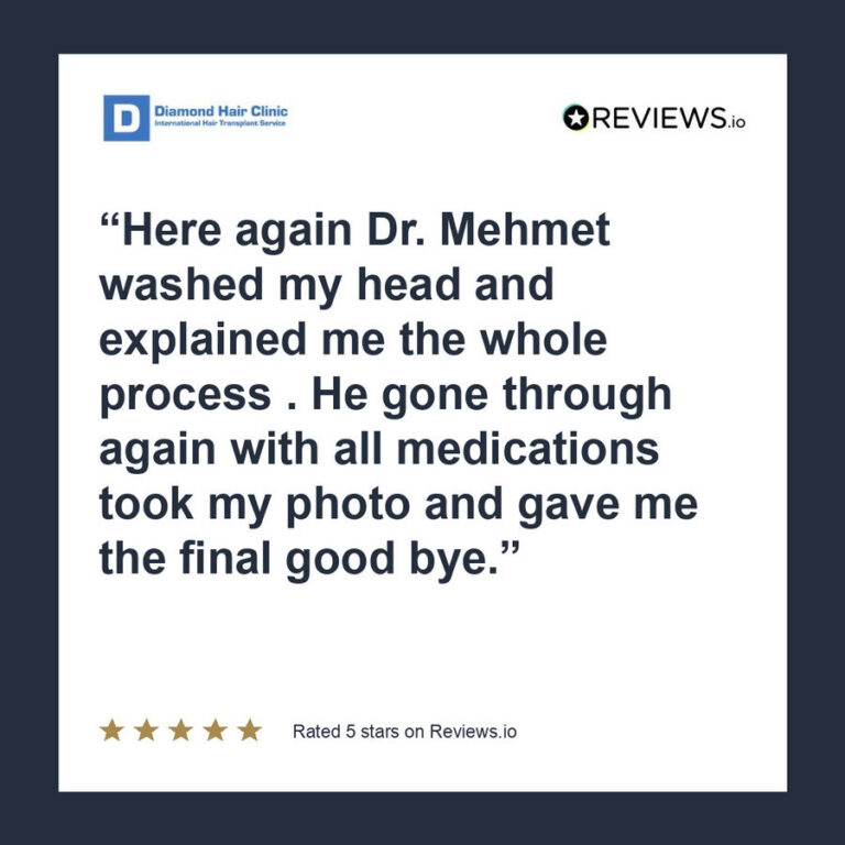 Patient review: Here again Dr. Mehmet washed my head and explained me the whole process .
He gone through again with all medications took my photo and gave me the final good bye.