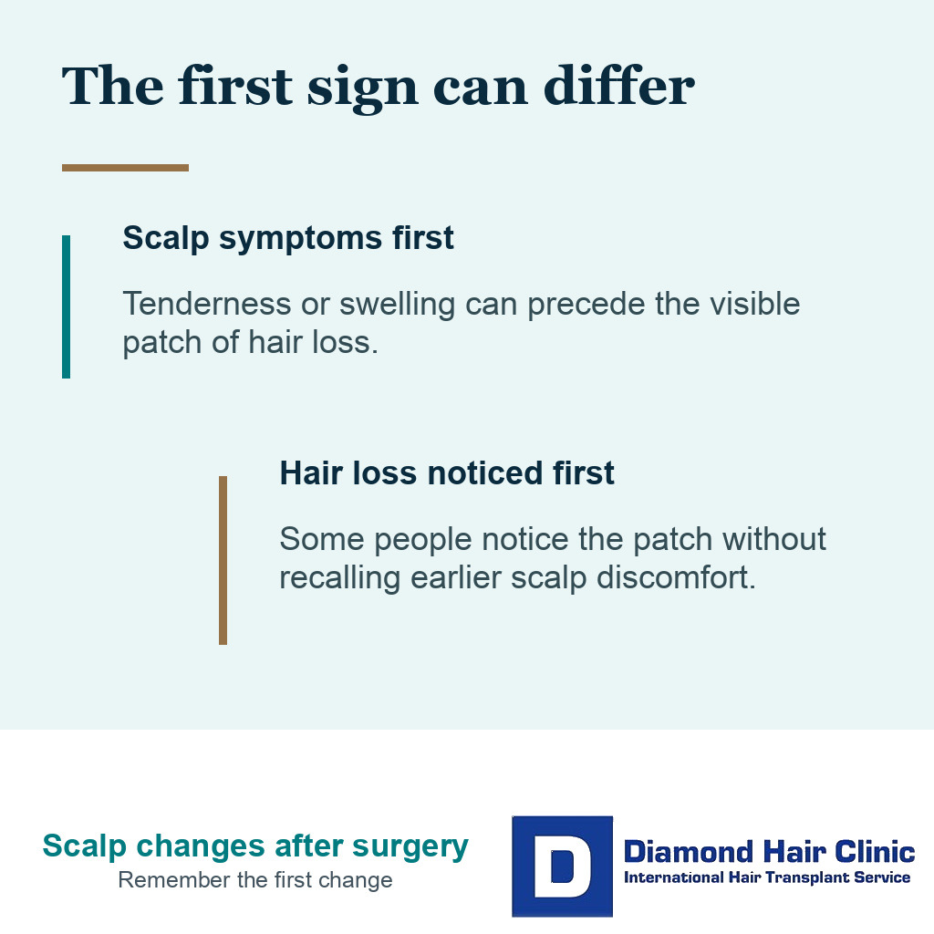 Scalp symptoms and hair loss shown as separate observations to discuss at examination