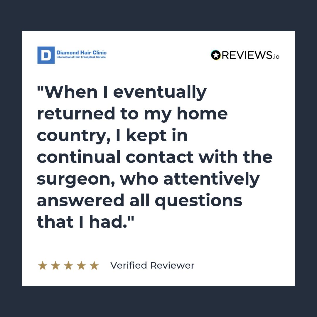 Patient review card about continued contact with the surgeon after returning home
