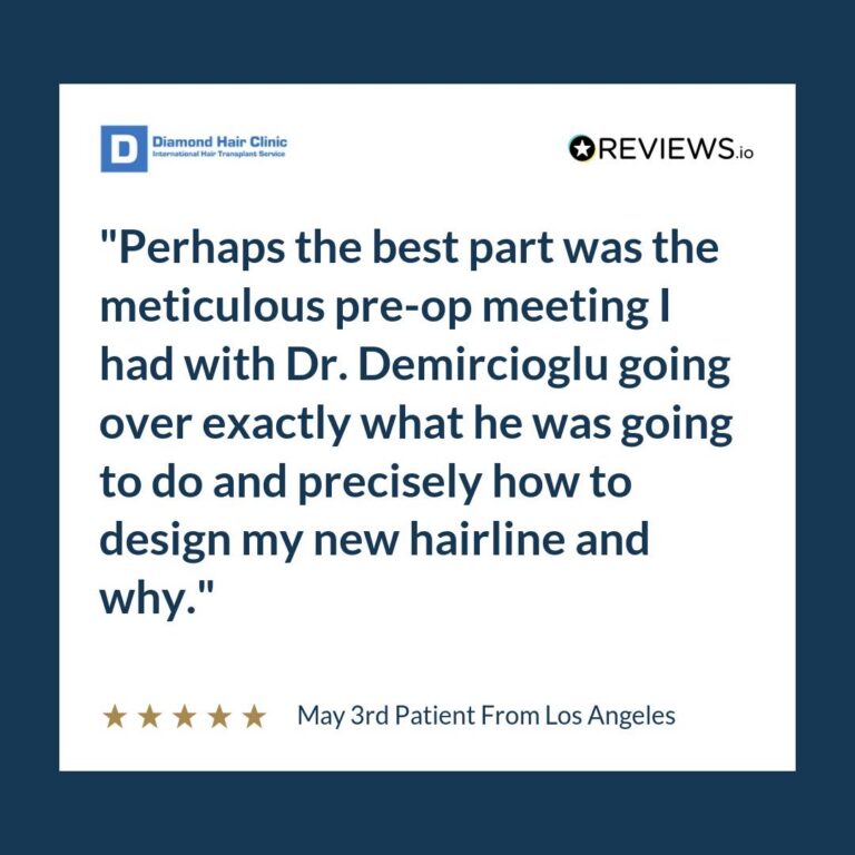 Patient review: Perhaps the best part was the meticulous pre-op meeting I had with Dr. Demircioglu going over exactly what he was going to do and precisely how to design my new hairline and why.
